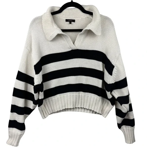 Quince Cropped Polo Sweater Womens Medium Ivory Black Striped Cotton Preppy - Picture 2 of 12